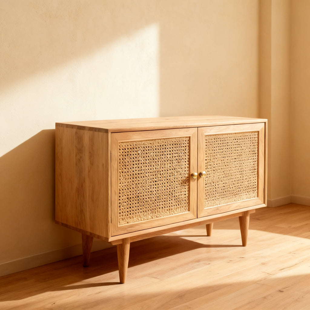 Credenza con ante in cannage vista di tre quarti