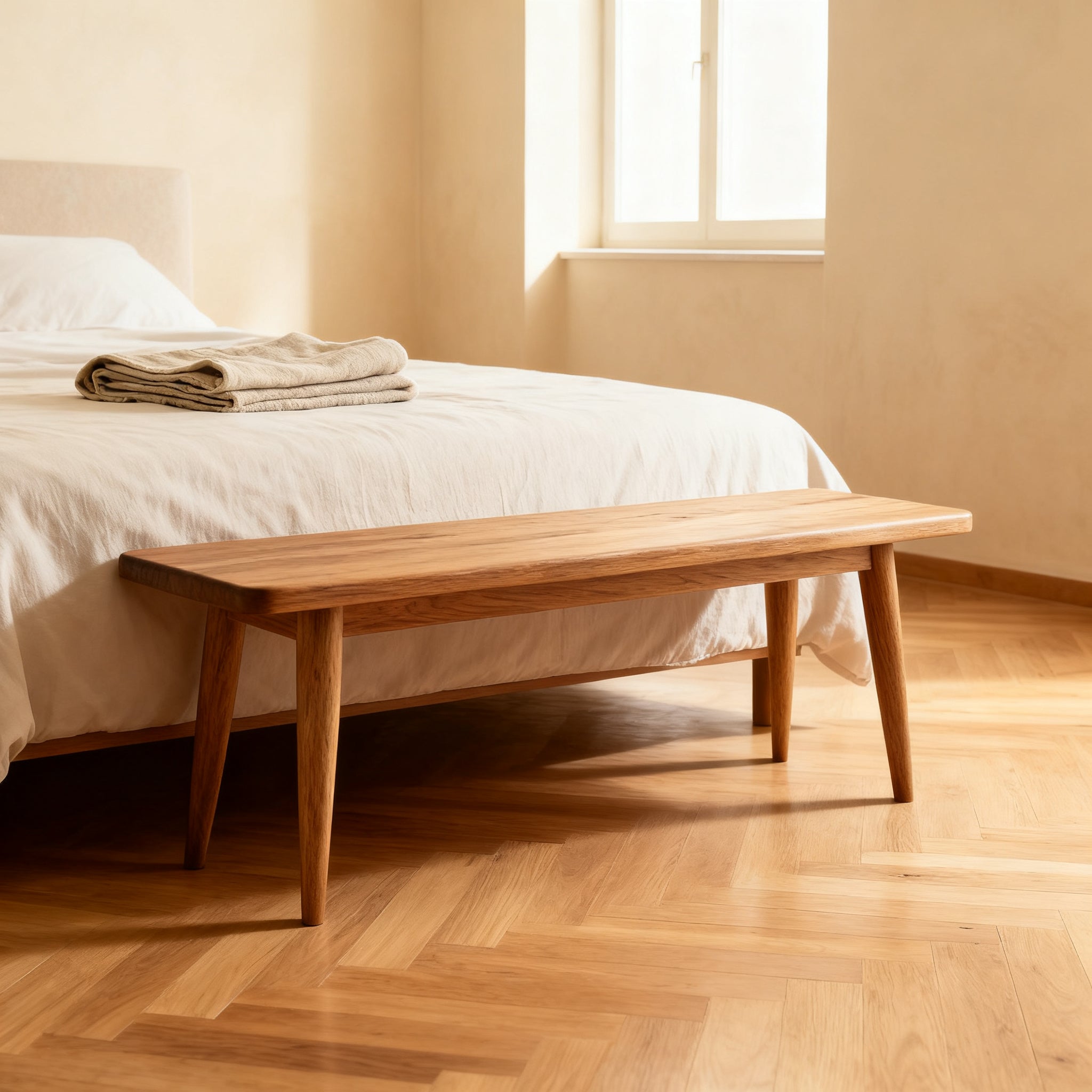 Panca in legno ai piedi del letto in una camera italiana
