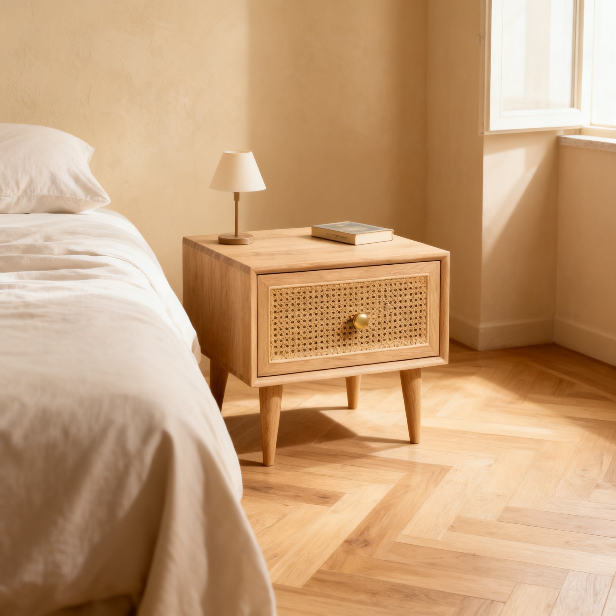 Comodino con ante in cannage accanto al letto