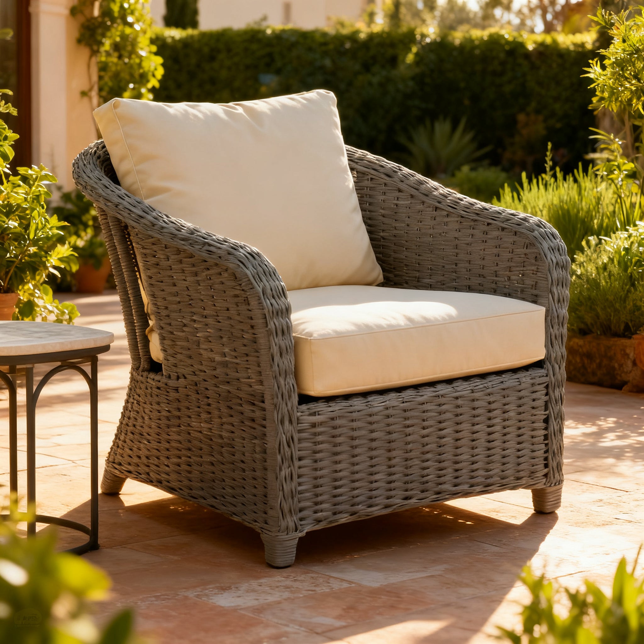 Poltrona da giardino con cuscino su un patio