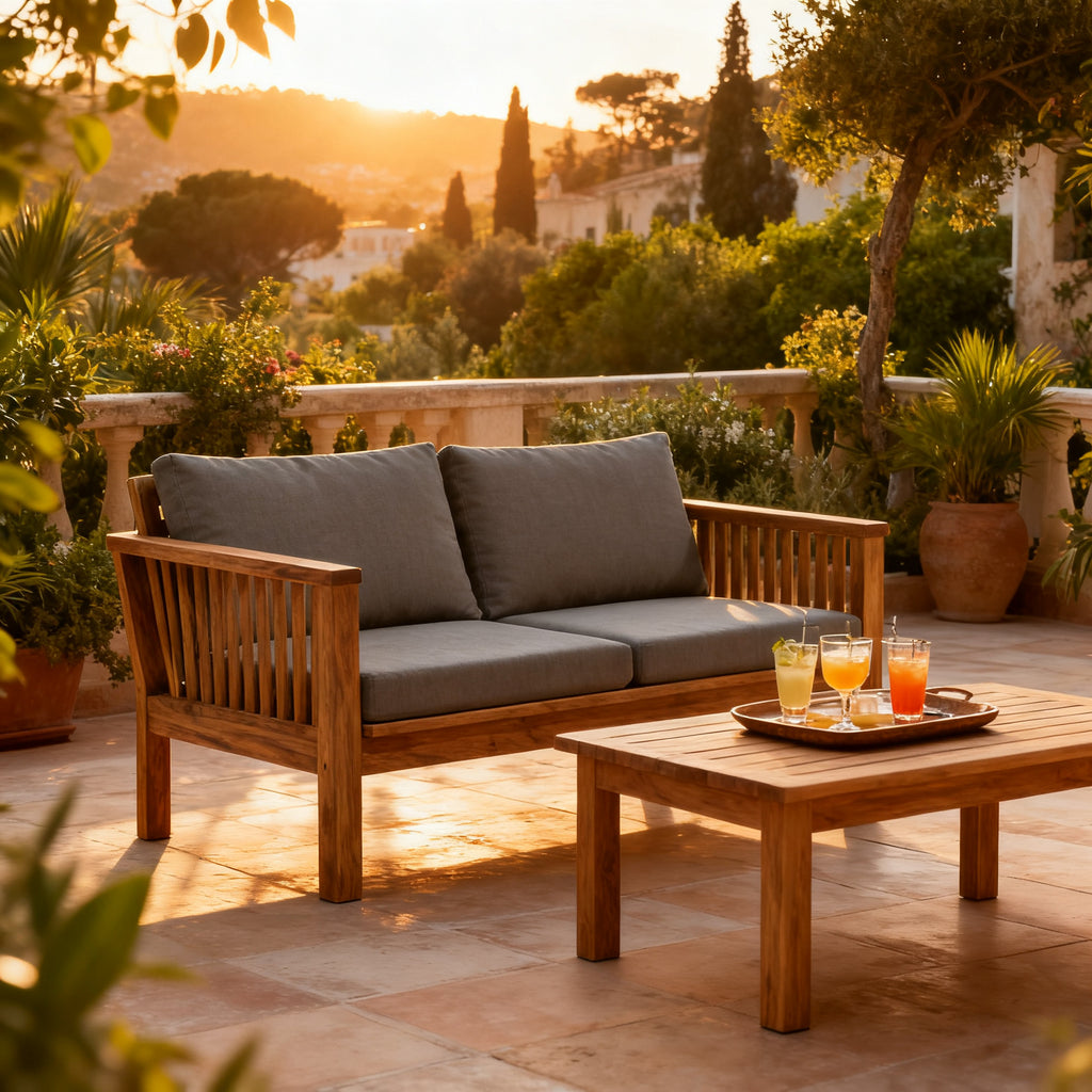 Salotto da giardino in acacia su una terrazza arredata