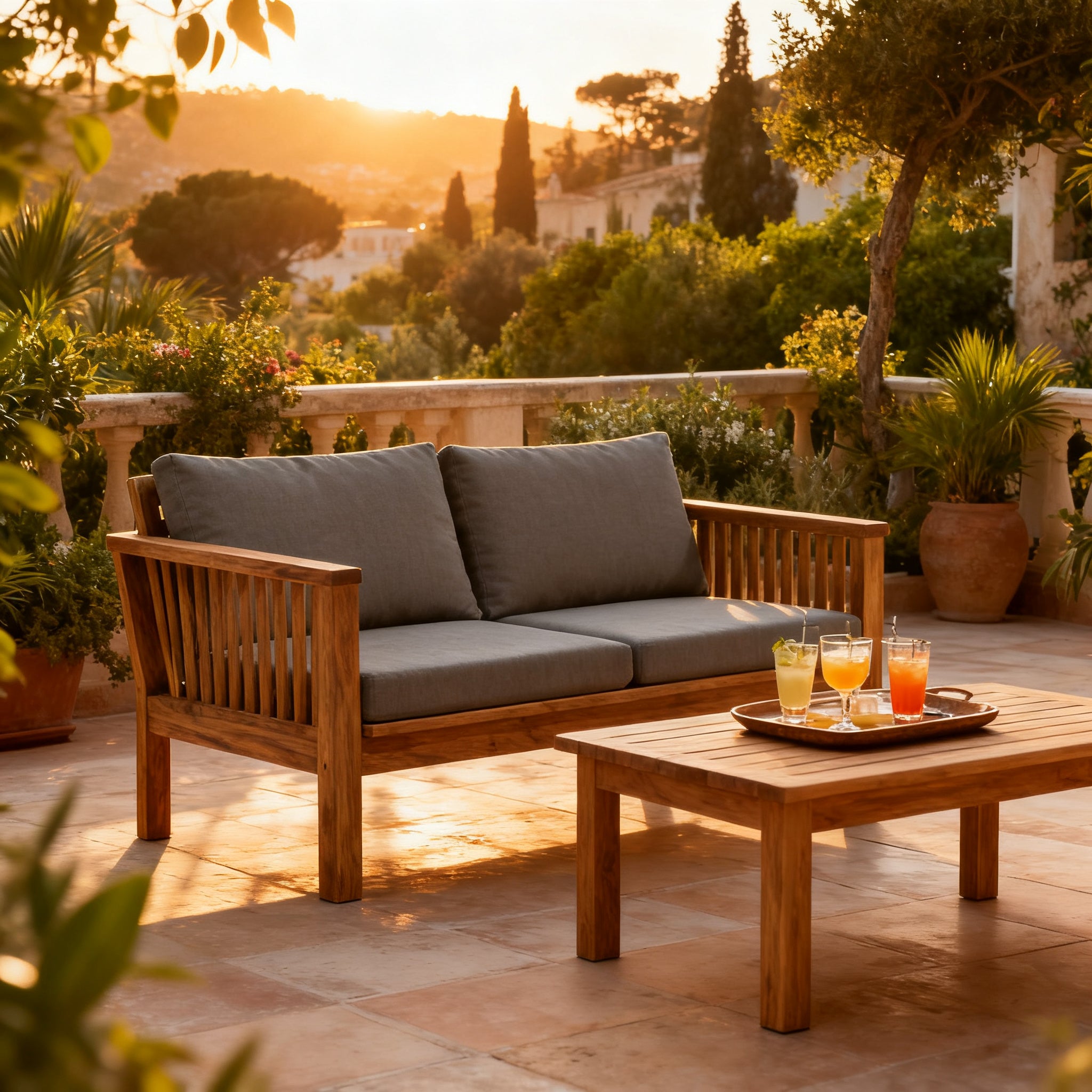 Salotto da giardino in acacia su una terrazza arredata