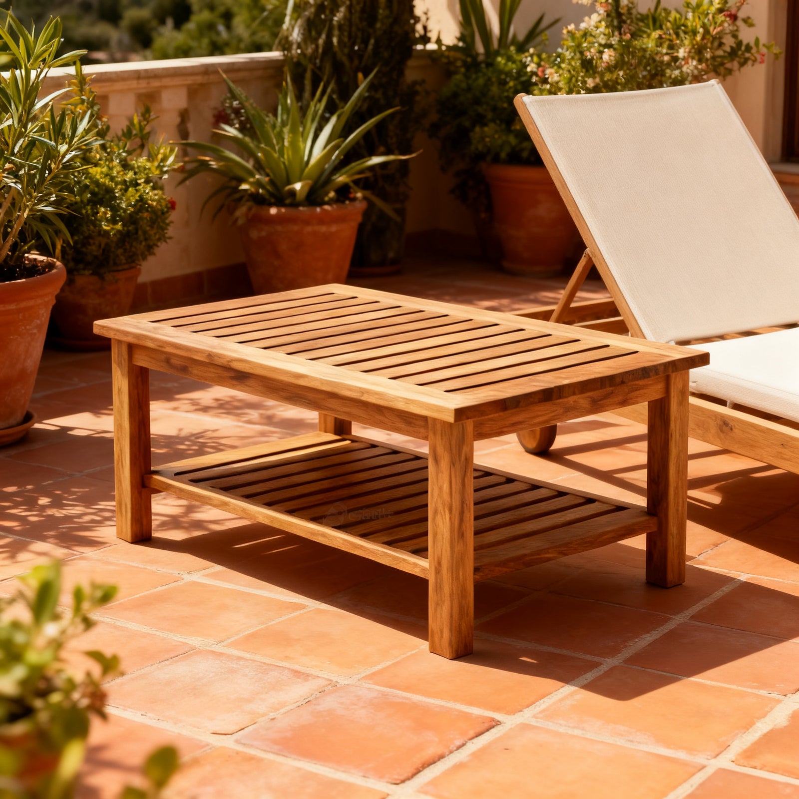 Tavolino da giardino in teak su una terrazza