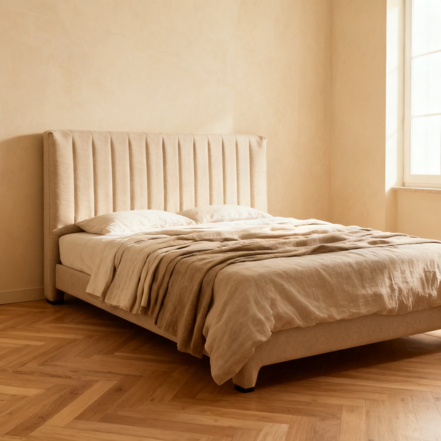 Testiera imbottita in lino dietro un letto in camera italiana
