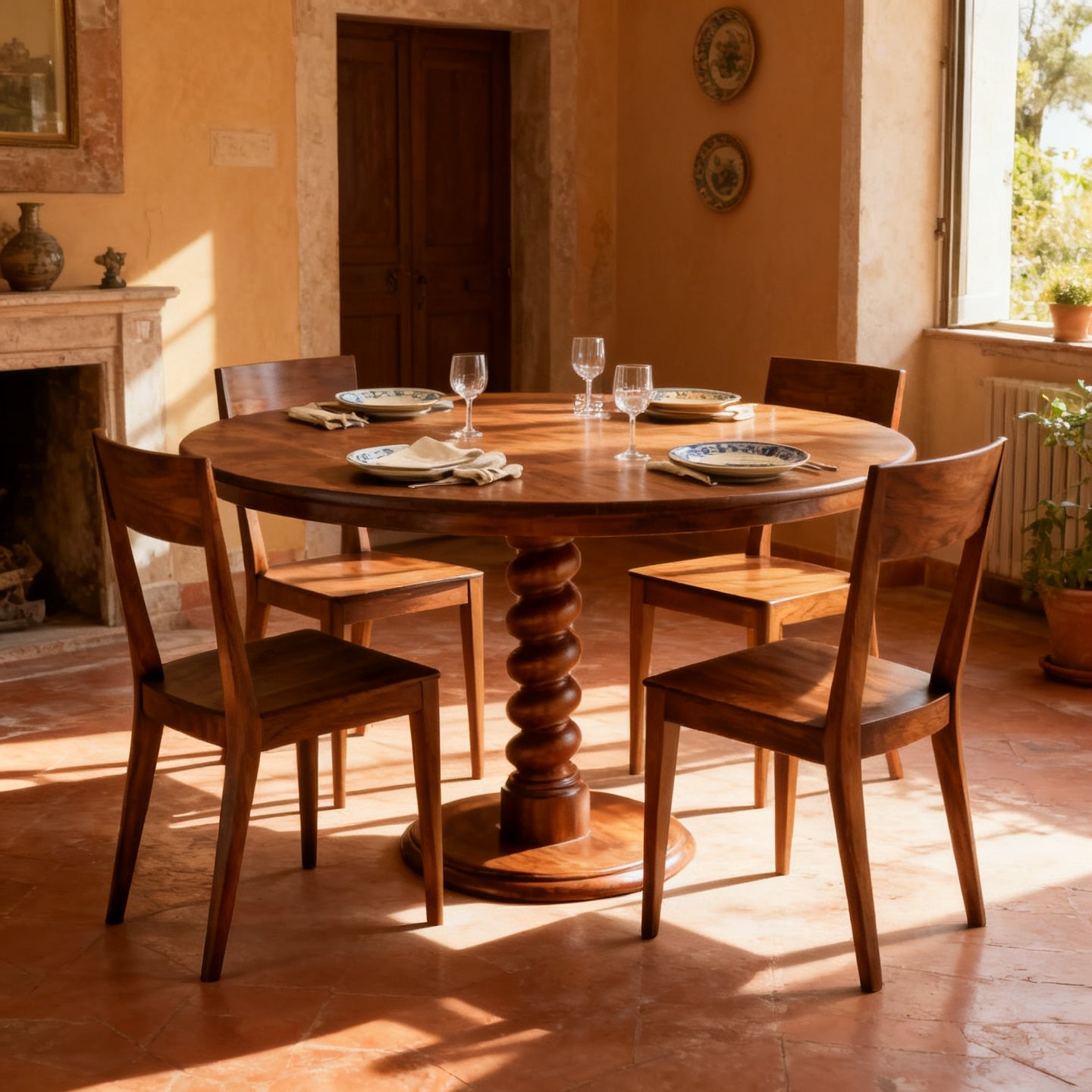 Tavolo rotondo apparecchiato in una sala da pranzo italiana