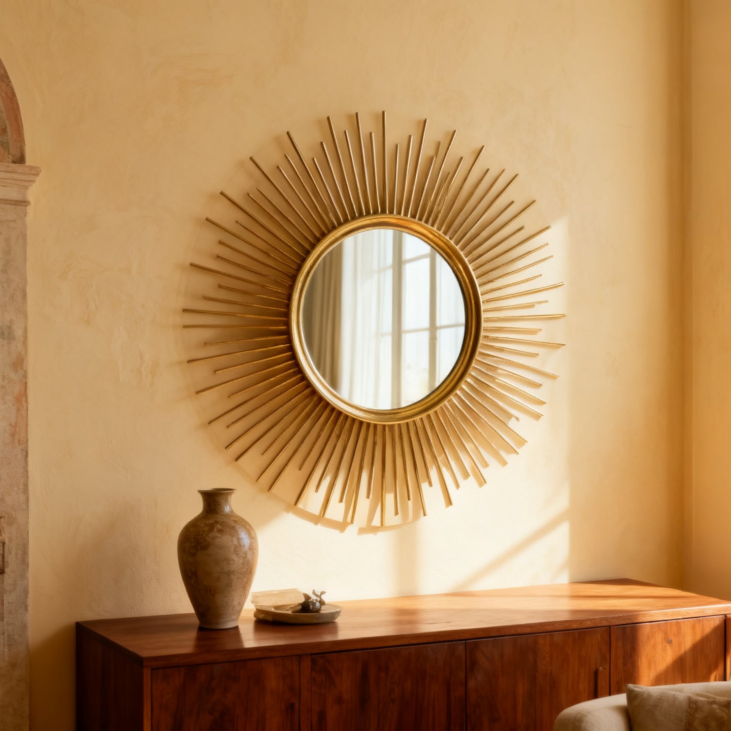 Specchio sole in ottone su una parete sopra una console
