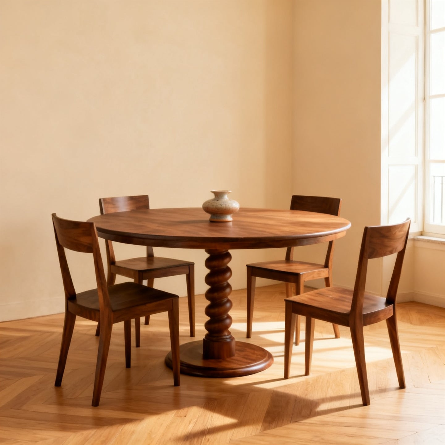 Tavolo rotondo da pranzo con centrotavola in ceramica