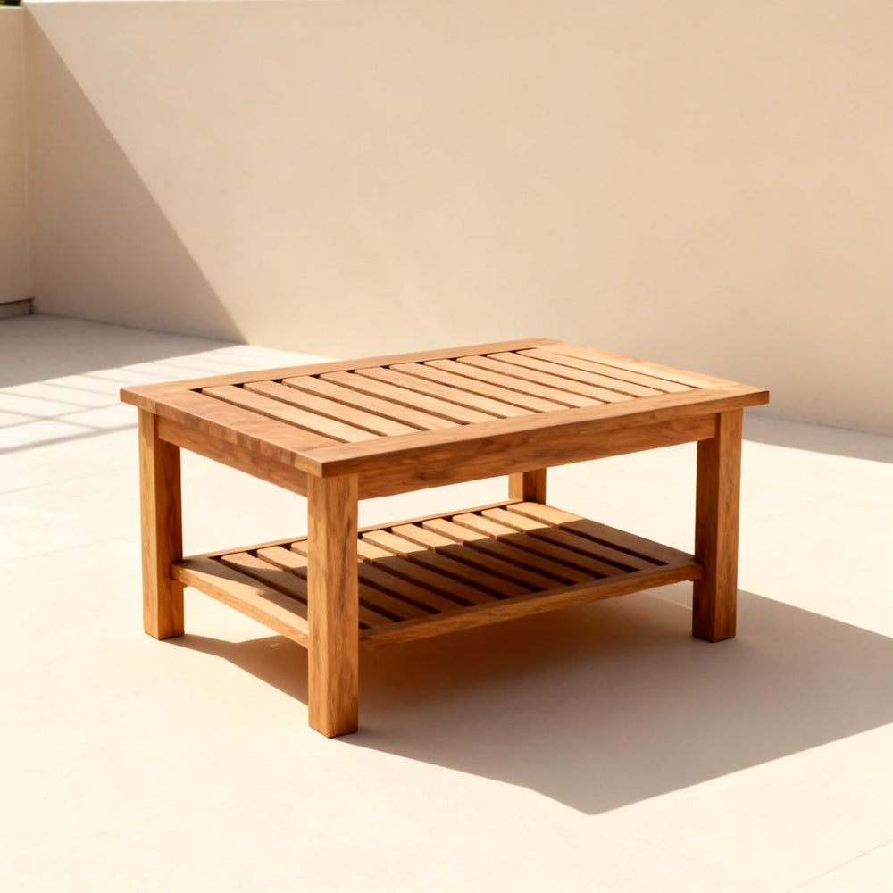 Tavolino da giardino in teak visto di tre quarti