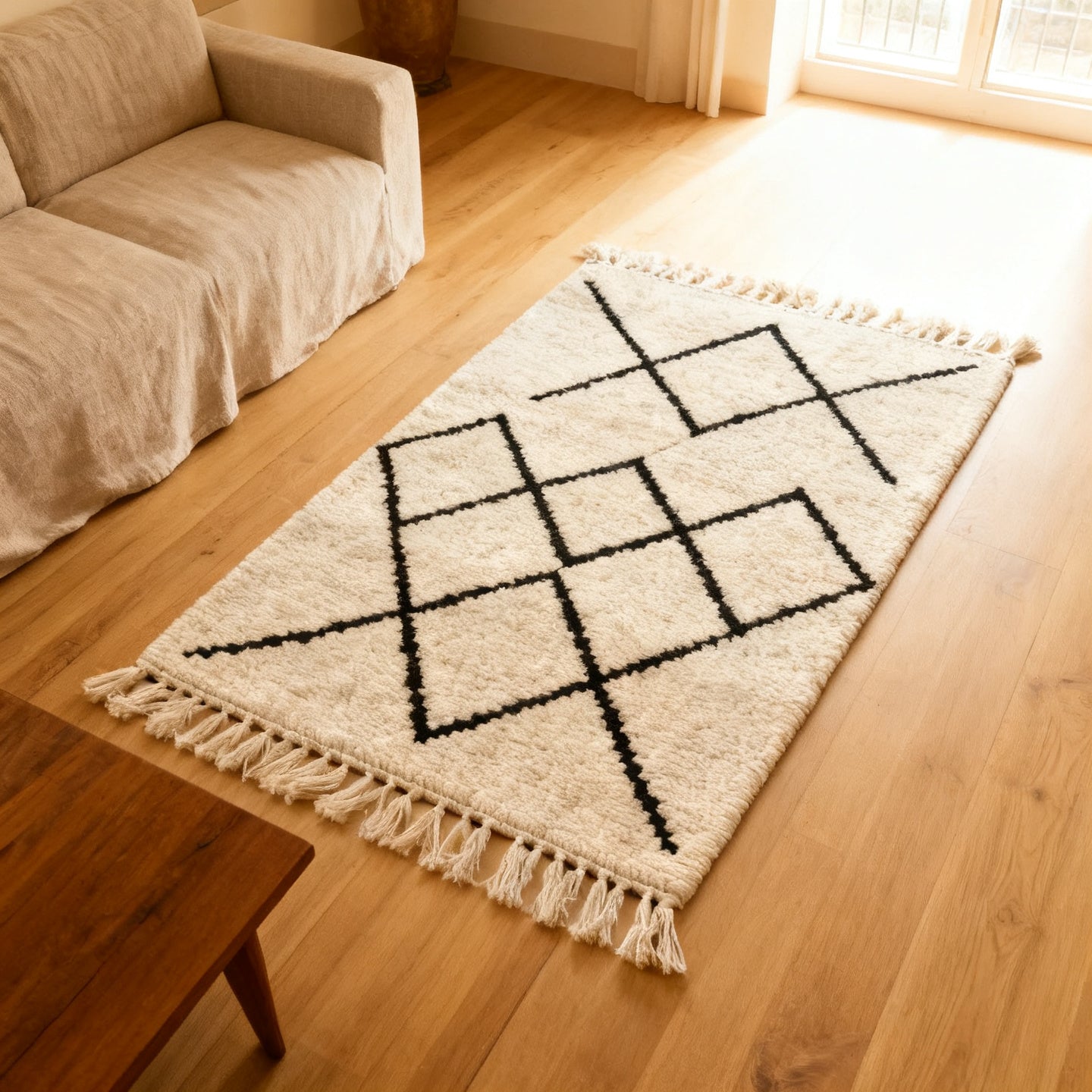 Tappeto berbero in lana su un pavimento in rovere