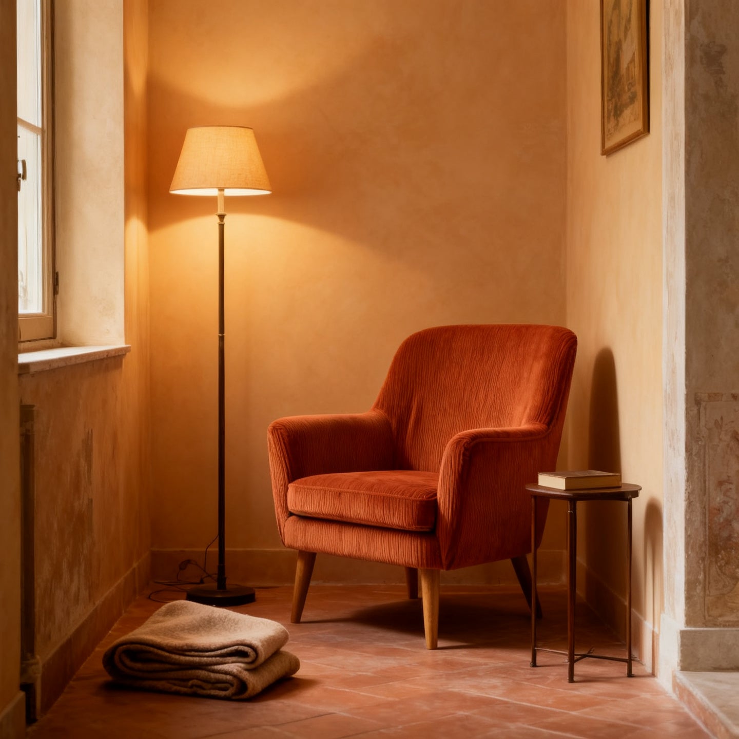 Poltrona Siena in un angolo lettura con lampada da terra