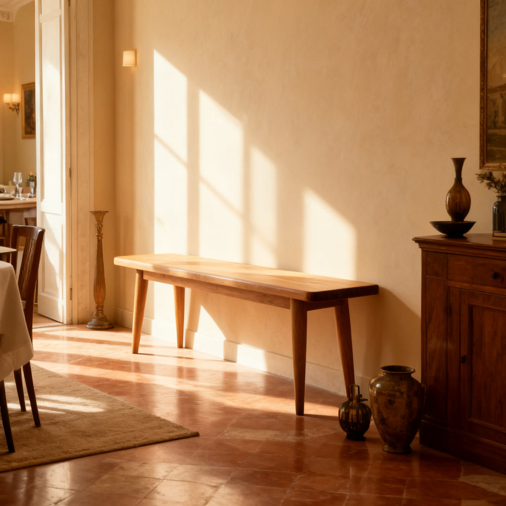 Panca in legno lungo una parete in una sala da pranzo