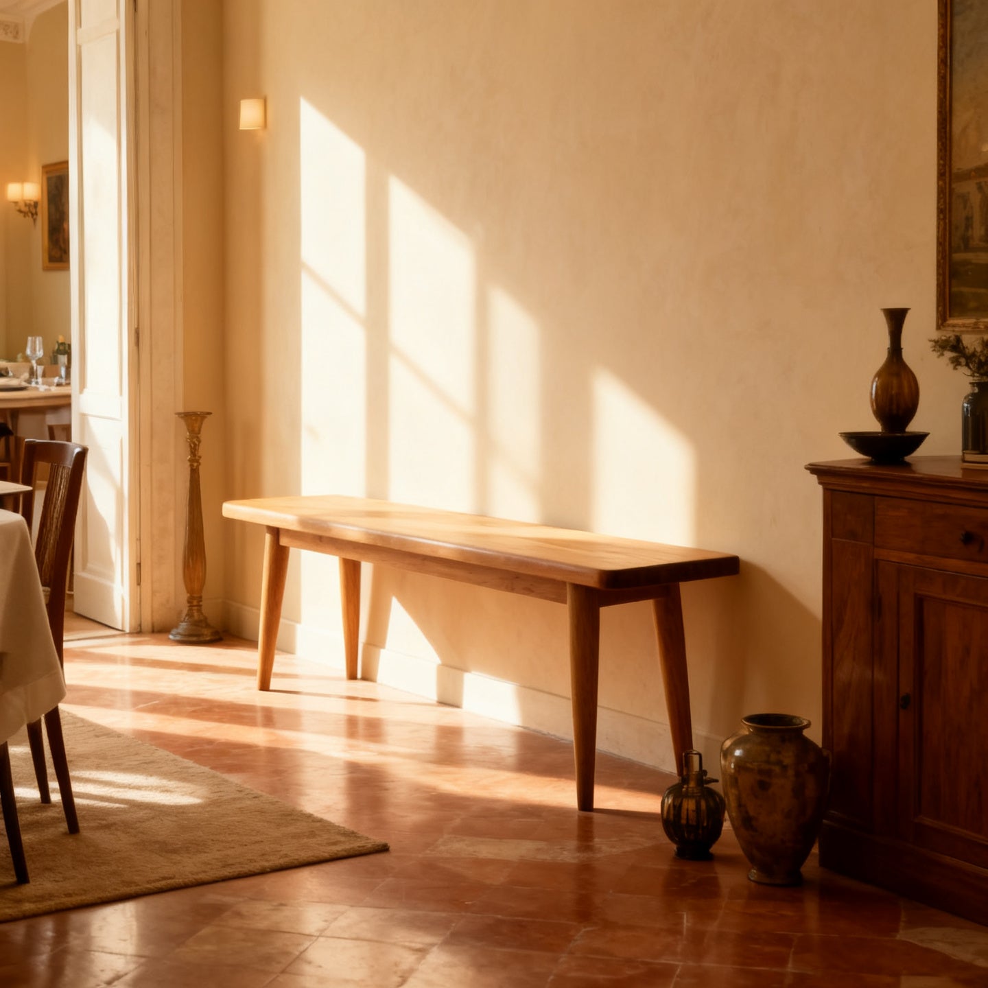 Panca in legno lungo una parete in una sala da pranzo