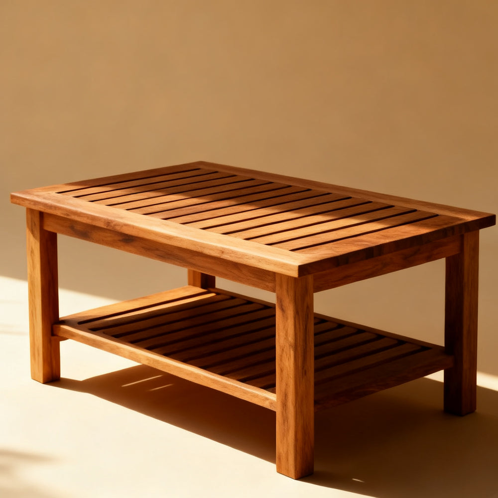 Dettaglio delle venature del teak del tavolino