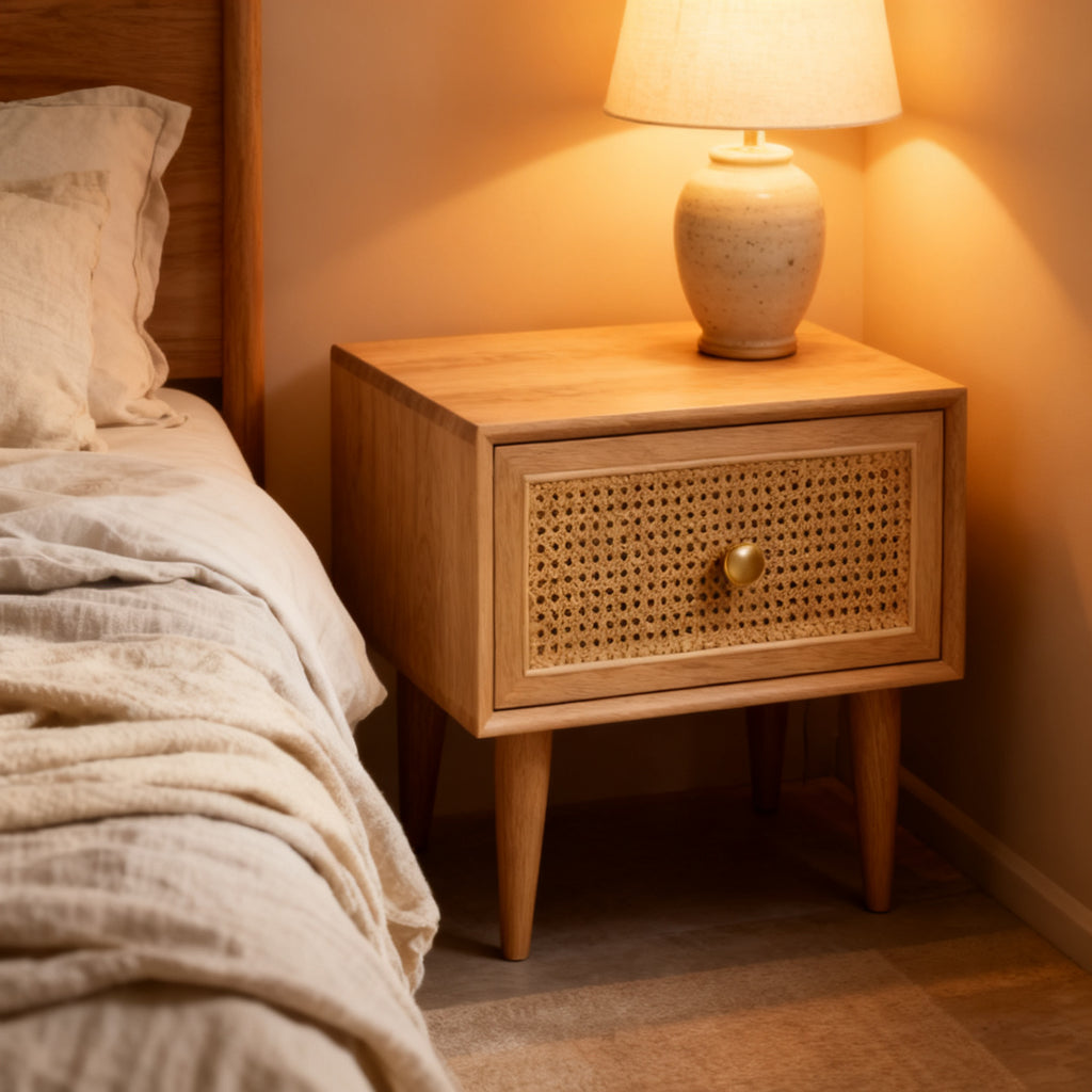 Comodino Cannage con lampada accanto al letto