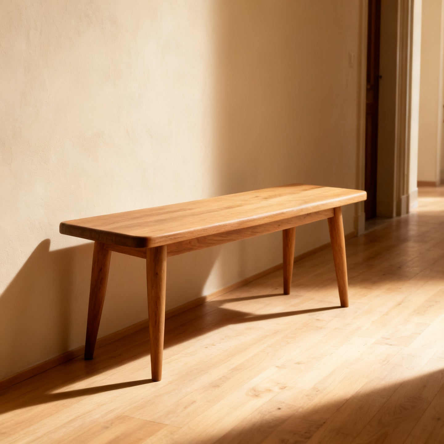 Panca in legno vista di tre quarti in un corridoio
