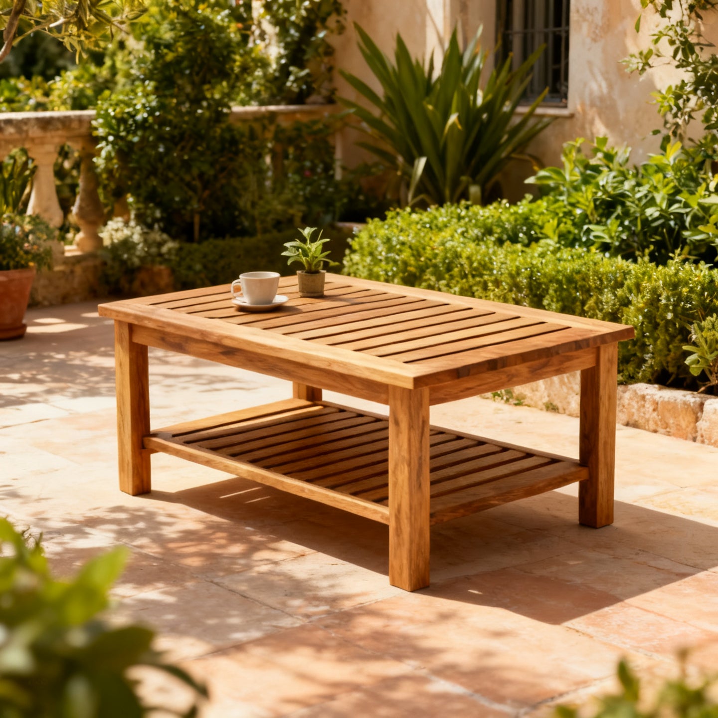Tavolino da giardino in teak con oggetti su un patio