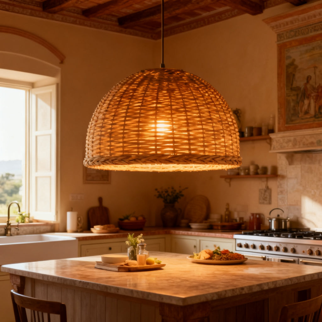 Sospensione in rattan sopra un'isola da cucina