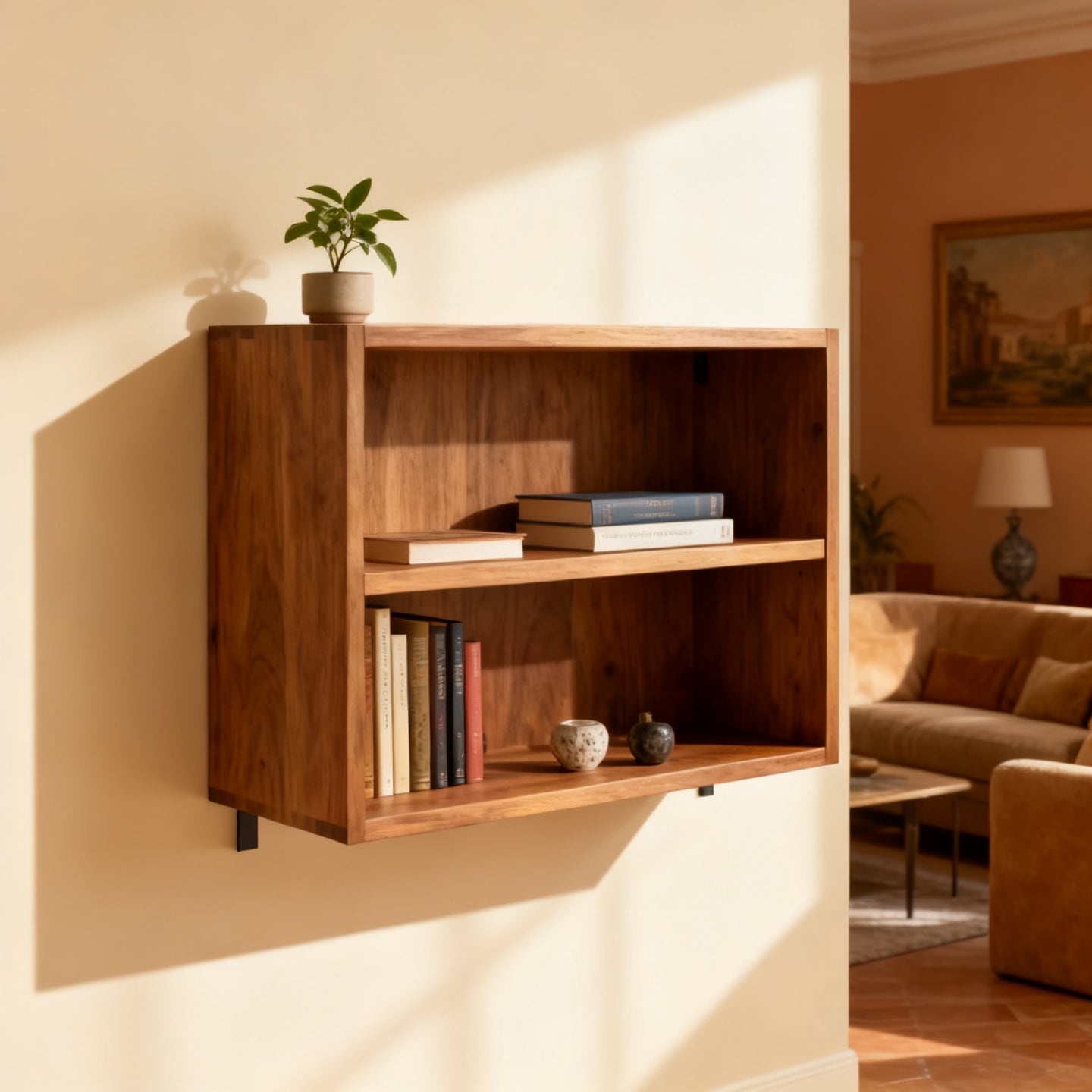 Libreria a muro in rovere con libri e piante in soggiorno