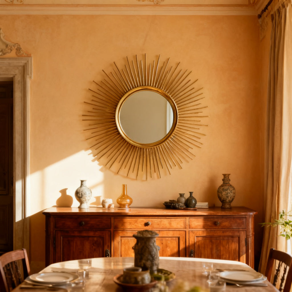 Specchio sole in ottone sopra un buffet