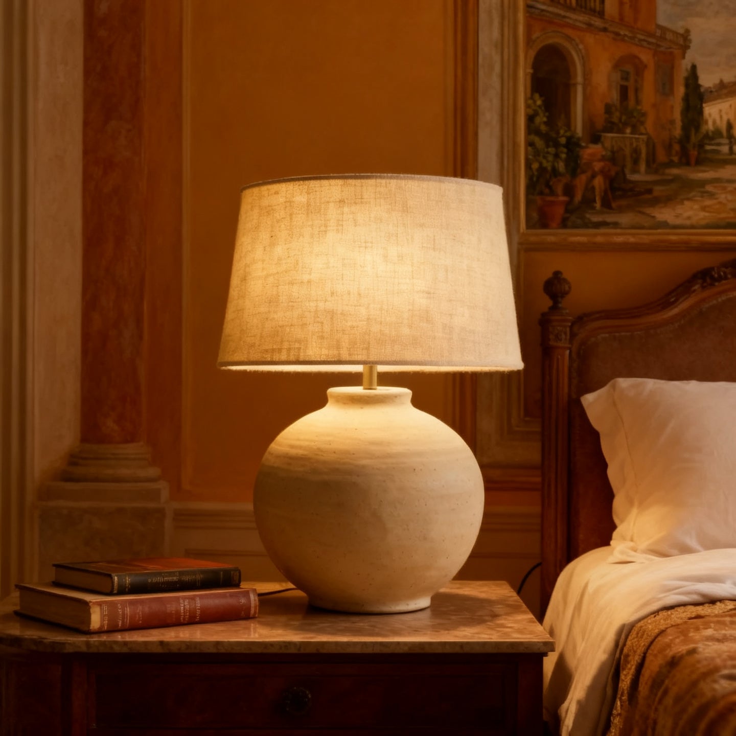 Lampada in ceramica accesa sul comodino