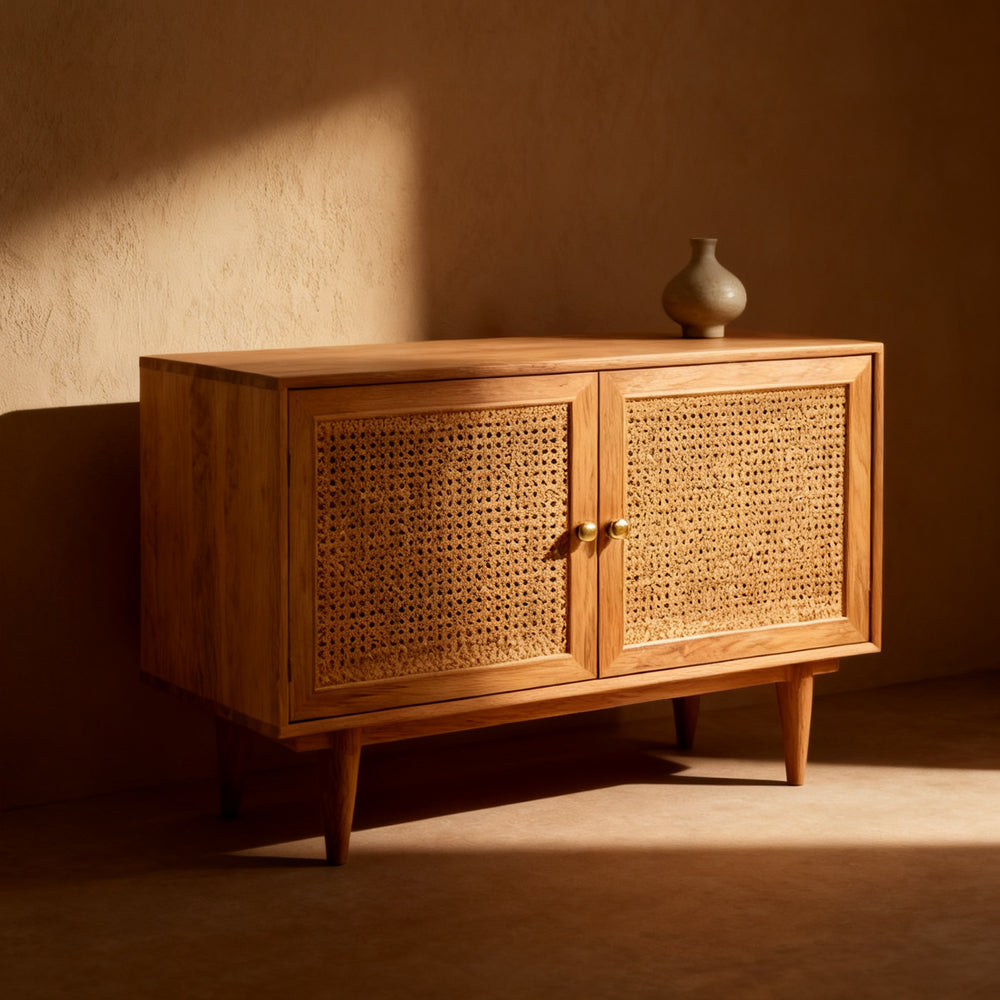 Dettaglio dell'intreccio in rattan e del legno della credenza