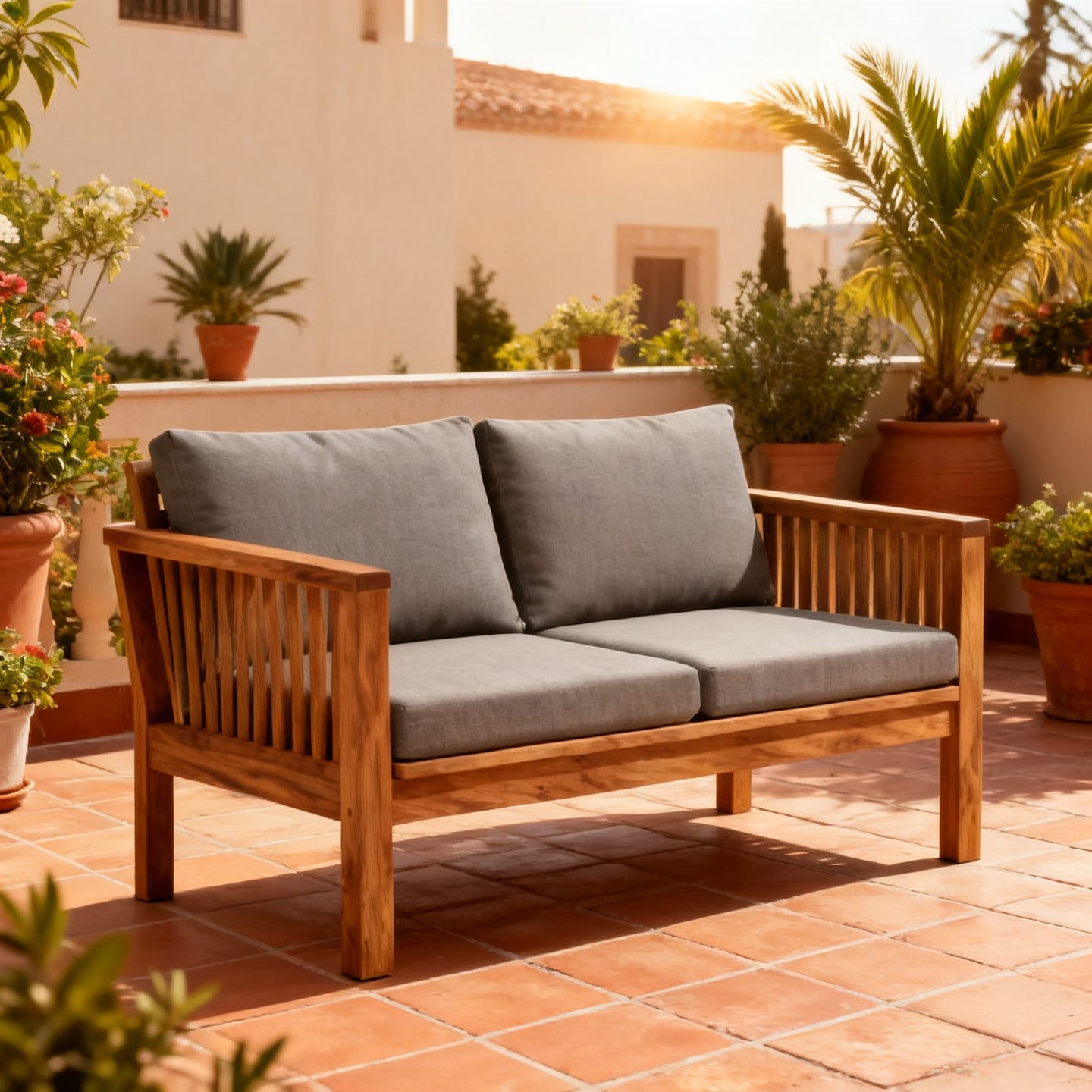 Salotto da giardino in acacia su una terrazza soleggiata