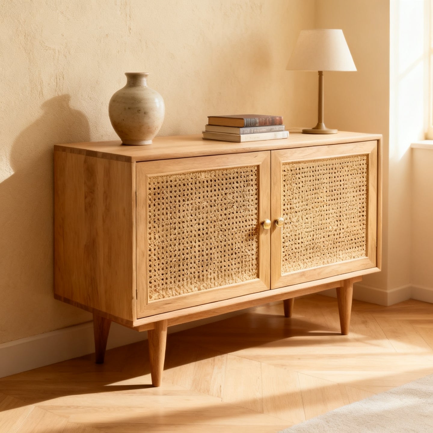 Credenza in legno con ante in cannage in un soggiorno italiano