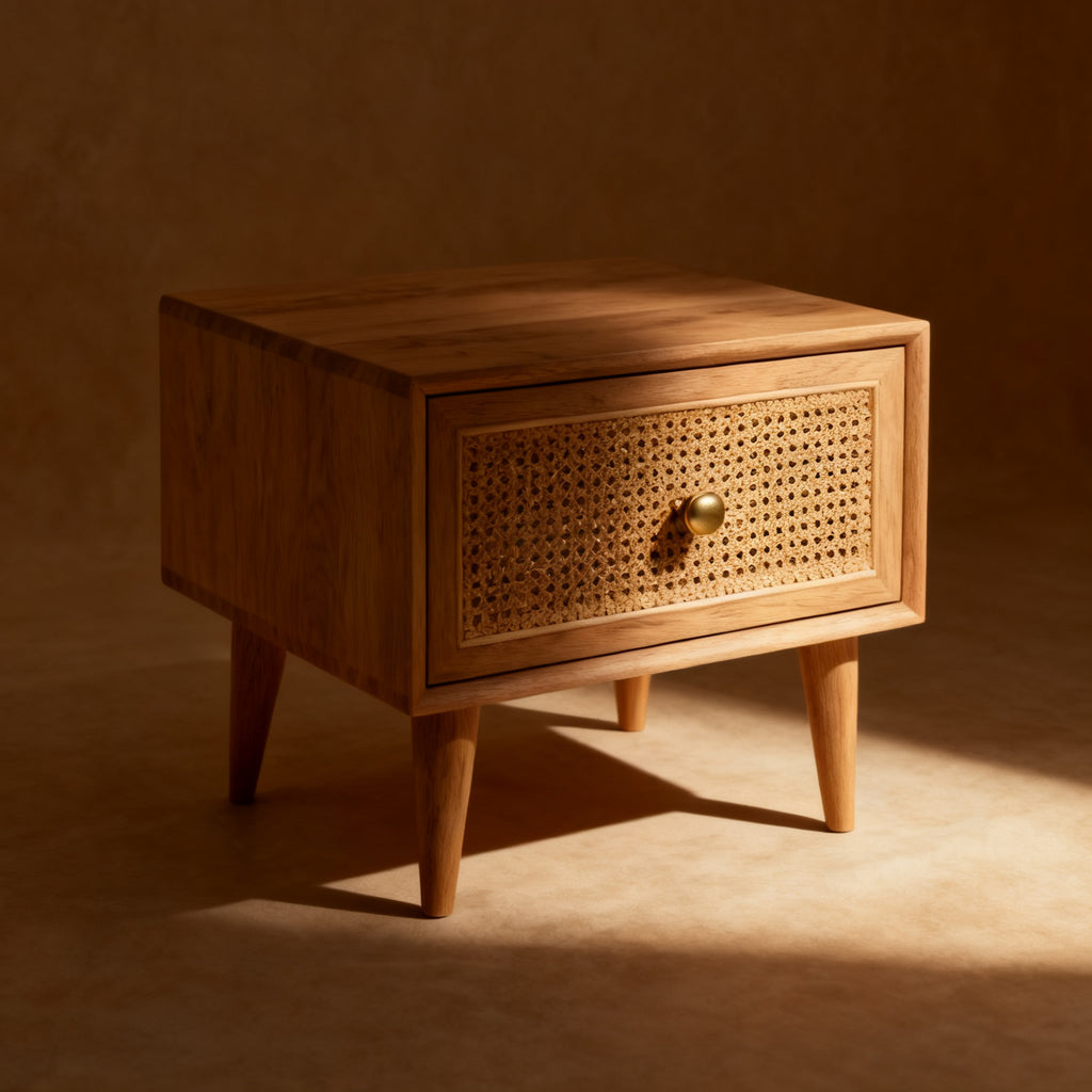 Dettaglio dell'intreccio in rattan del comodino